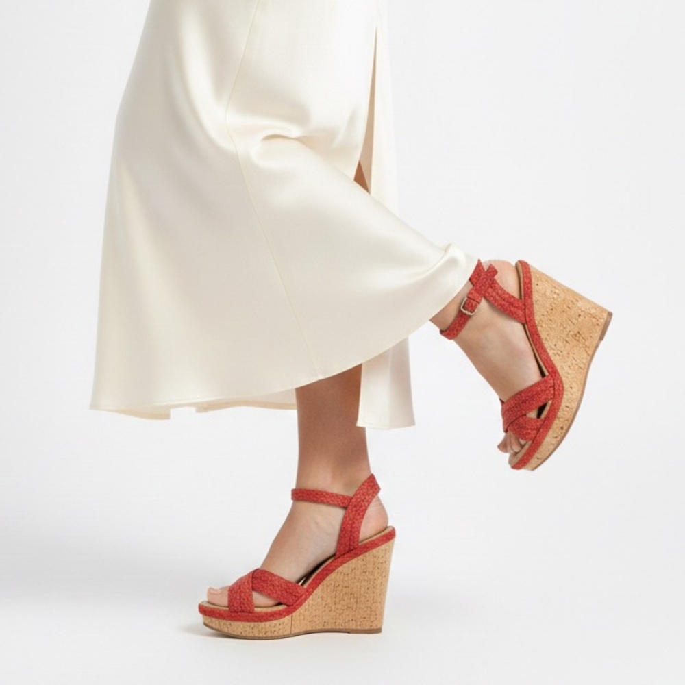 STUART WEITZMAN Minx Espadrille Cork Raffia Red Wedge Sandals 6.5 - Picture 2 of 15